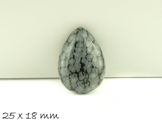 1 Stück Tropfenförmiger Edelstein Cabochon, Schneeflocken Obsidian, 25 x 18 mm