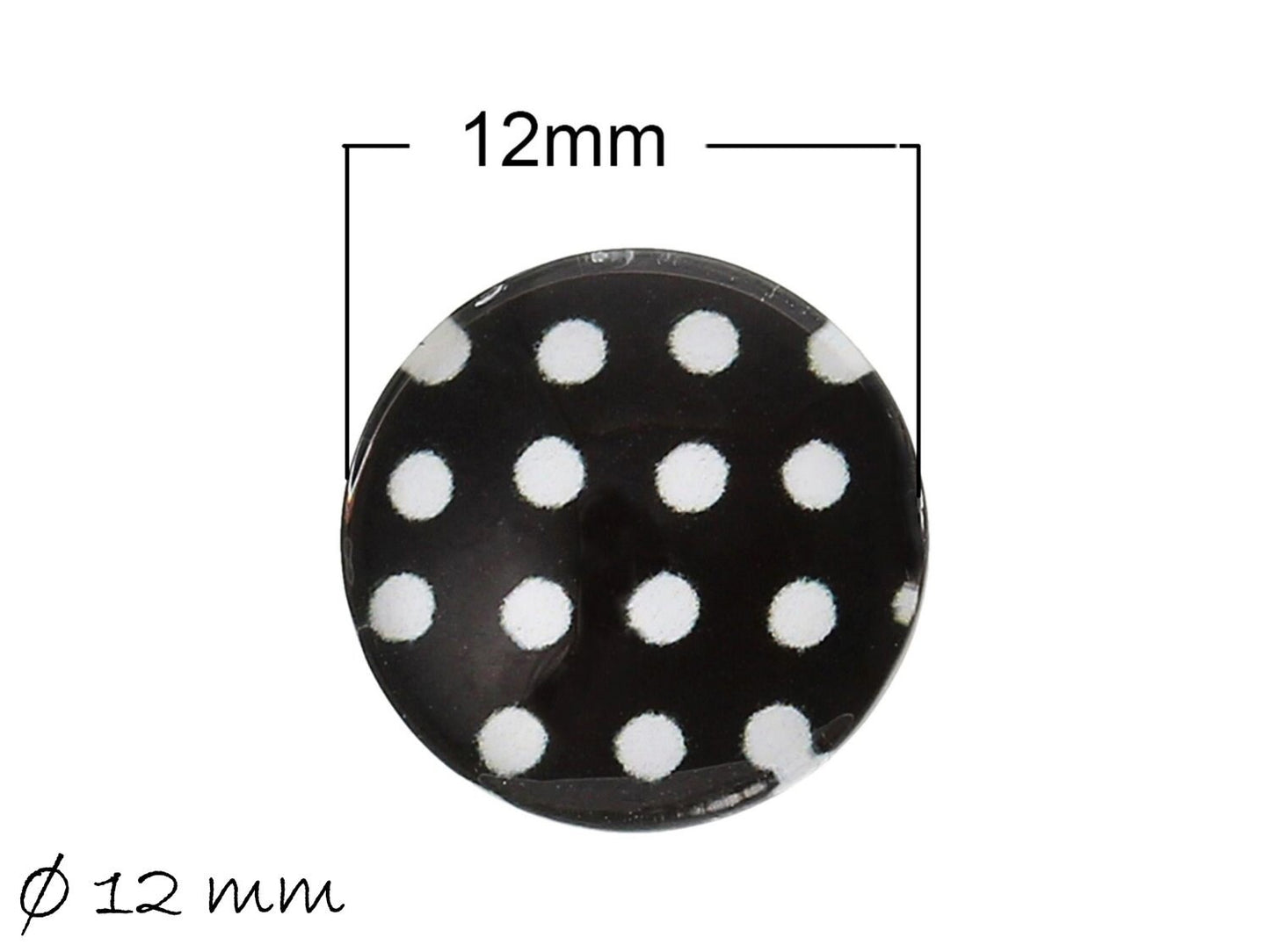 10 Stück runde Glas Cabochons mit weißen Punkten auf Schwarz Ø 12 mm