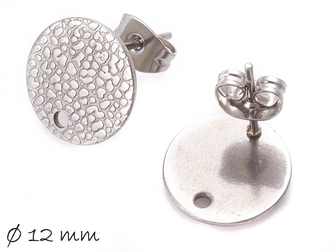 4 Stück Ohrstecker Edelstahl mit Scheibe, silbern, Textur, Ø 12 mm