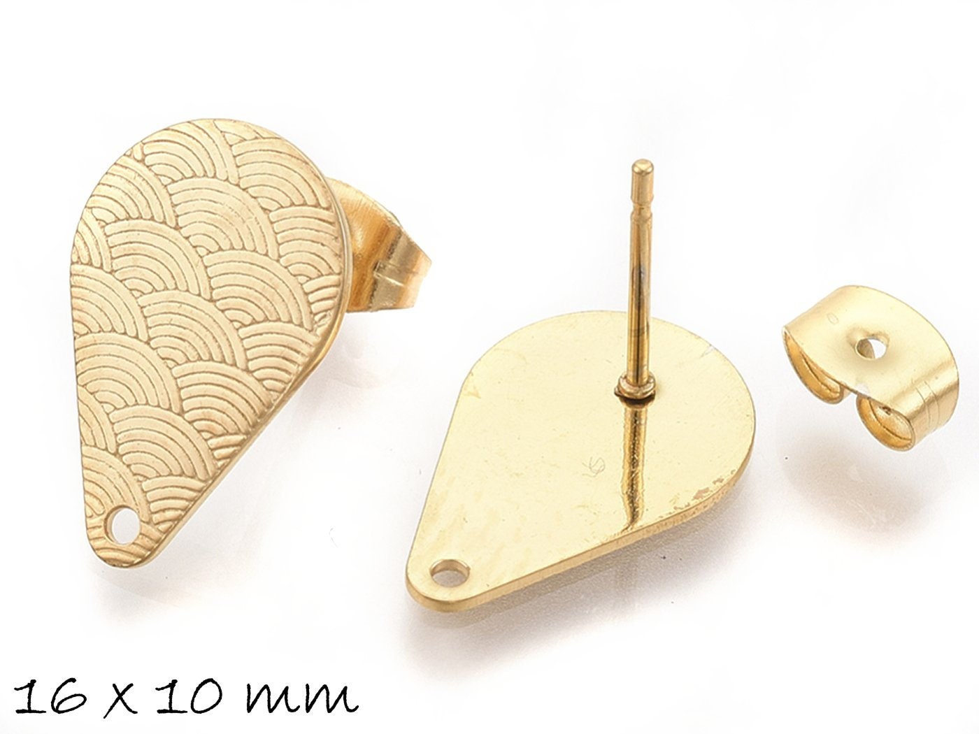 4 Stück Ohrstecker mit Öse aus Edelstahl, gold, Tropfen mit Wellenmuster
