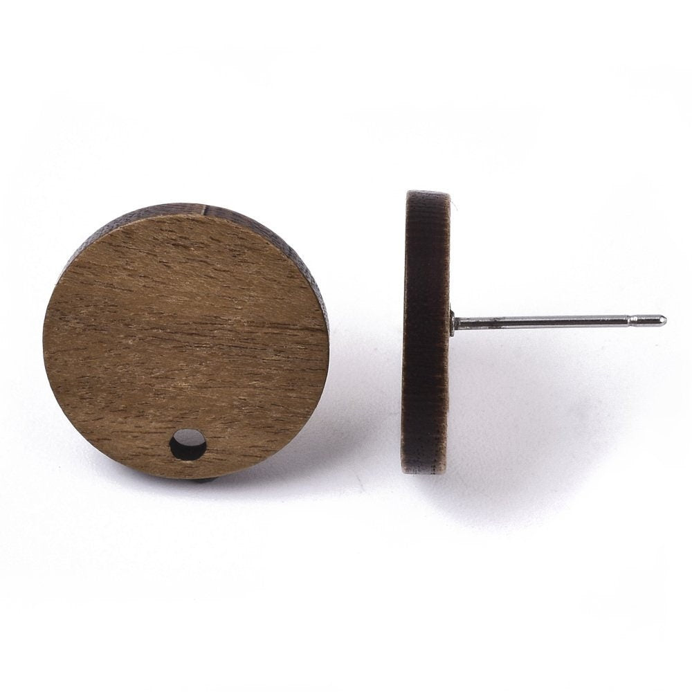 4 Stück Holz Ohrsteckerrohlinge , Scheibe, braun, 15 mm