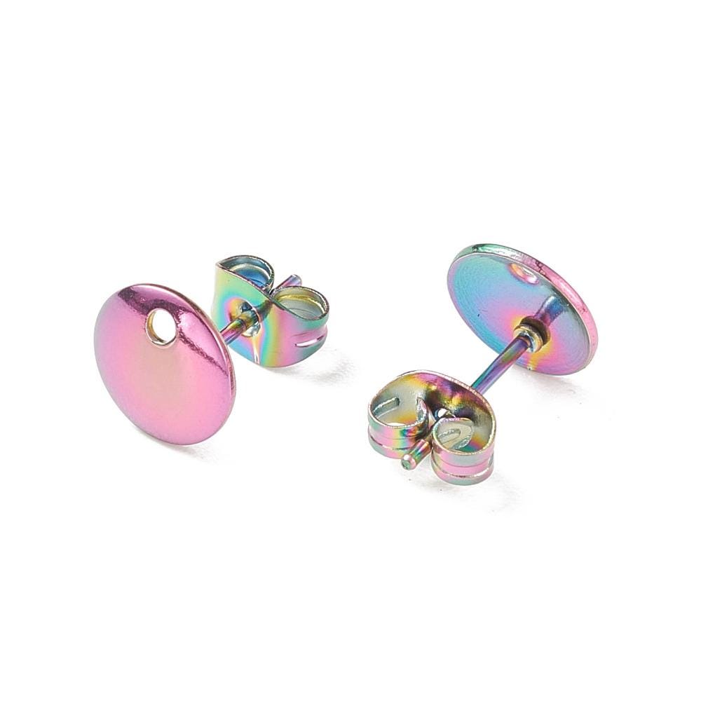 4 Stück Ohrstecker mit Öse aus Edelstahl, bunt - Regenbogen, rund, Scheibe, Ohrringe, 8 mm