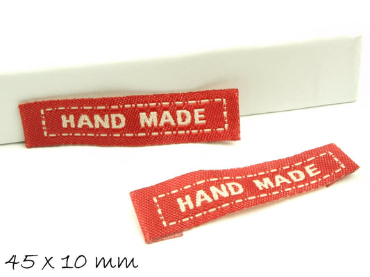10 Stück Webband Etiketten "Hand Made" 45 x 10 mm rot