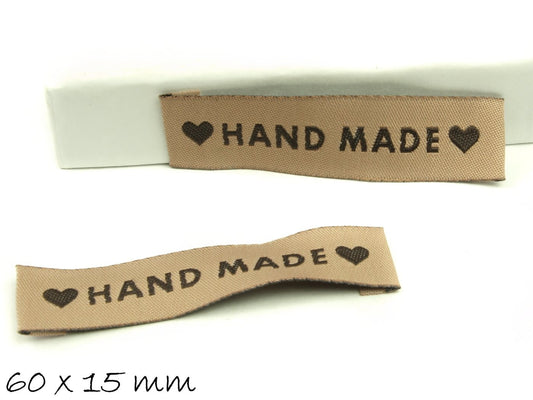 10 Stück Webband Etiketten "Hand Made" 60 x 15 mm beige