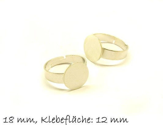 2 Stück Ring Rohling, verstellbar, platin silber, 18 mm, Fläche 12 mm