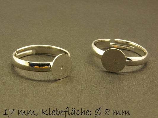 2 Stück Ring Rohling, verstellbar, silber, 17 mm, Fläche 8 mm