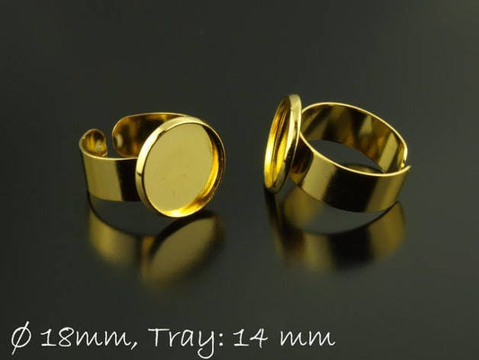 2 Stück Ring Rohlinge golden, 14 mm Cabochonfassung