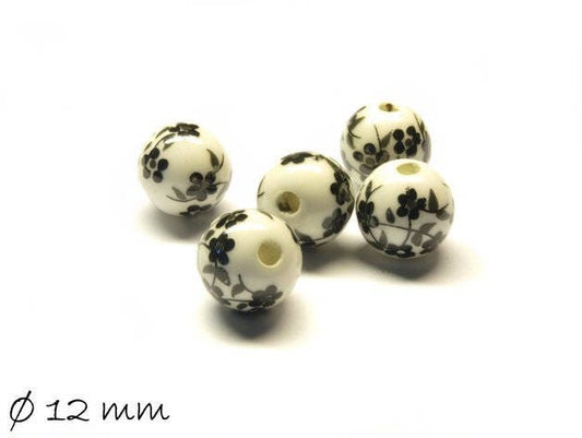 10 Stück Porzellan Perlen Ø 12 mm weiß schwarz Blumen Blüten