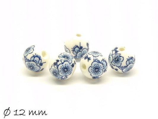 10 Stück Porzellan Perlen Ø 12 mm blau weiß Blumen Blüten