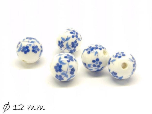 10 Stück Porzellan Perlen Ø 12 mm weiß blau Blumen Blüten