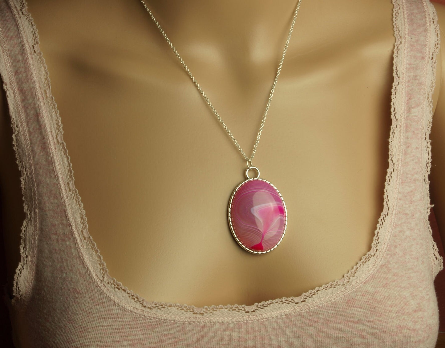 Kette rosa Achat Edelstein Cabochon Anhänger silbern groß