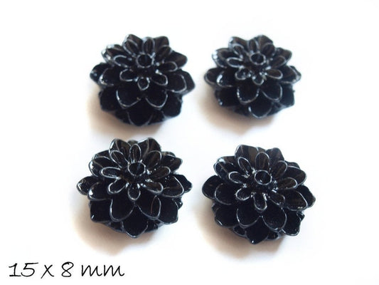 6 Stück Chrysanthemen Cabochons in schwarz, Ø 15 mm