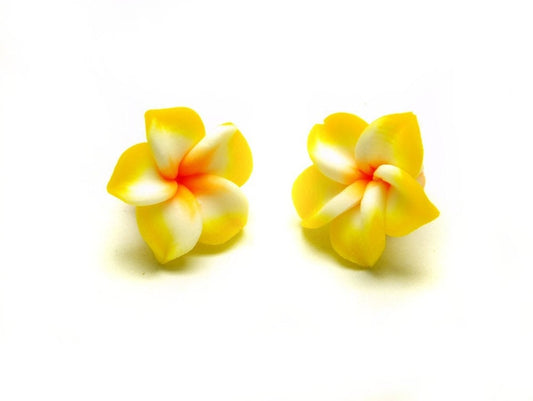 4 Stück Frangipani Blüten, Fimo Clay, gelb 15 x 9 mm