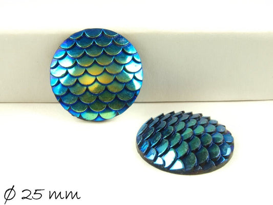 4 Stück runde Resin Cabochons, Fischhaut, Ø 25 mm, blau