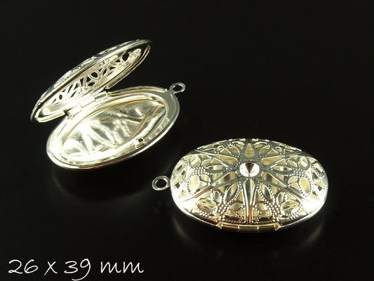 2 Stück Medaillons silber oval Blume Blüte 26 x 39 mm