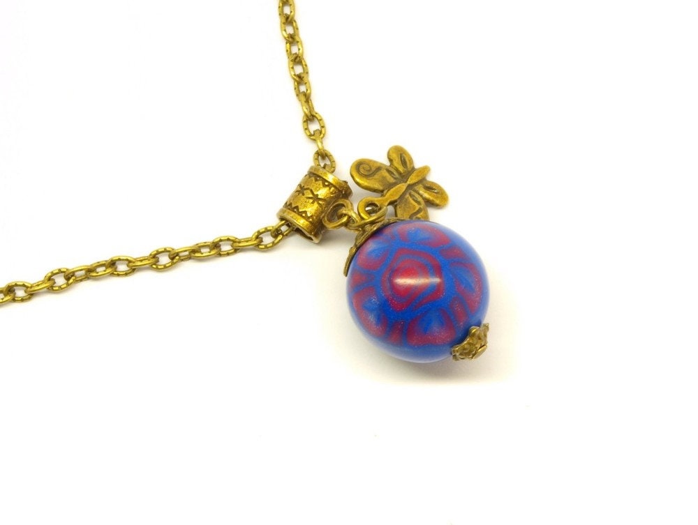 Kette bronze vintage Anhänger Fimo Perle blau rot