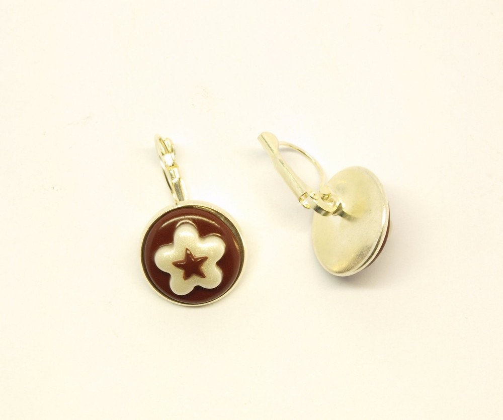 Ohrringe Blume Blüte Cabochon Fimo Clay weiß braun