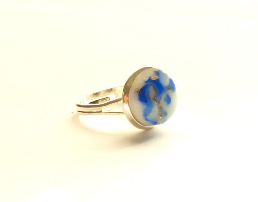 Ring Fimo Clay Cabochon silber blau weiß Porzellan