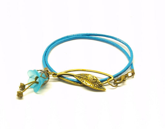 Leder Armband Blüte Blume Blatt Armreif blau