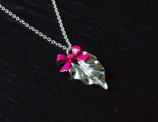 Kette Anhänger Blatt silber mit Schleife lila pink