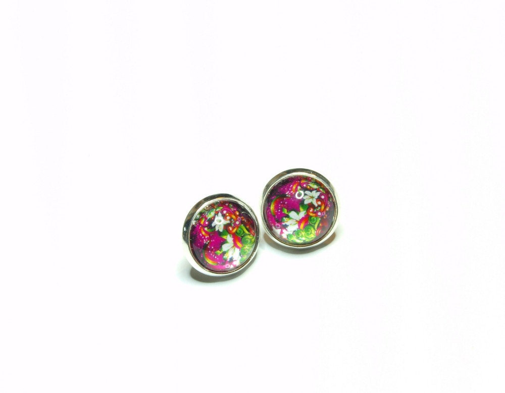 Ohrring Cabochon Glas Stecker Blume Blüte bunt