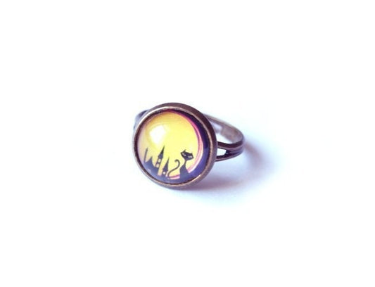 Ring Cabochon Glas bronze retro Katze vintage bunt