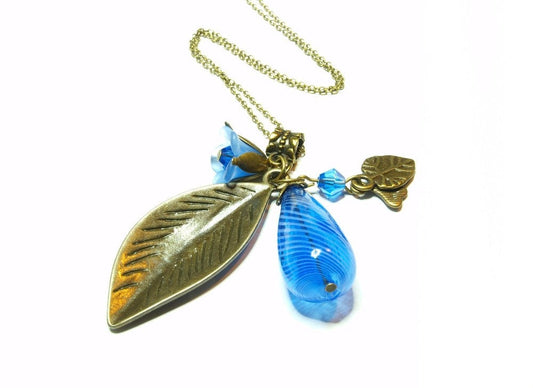 Kette Blatt bronze vintage Glas Tropfen blau hohl
