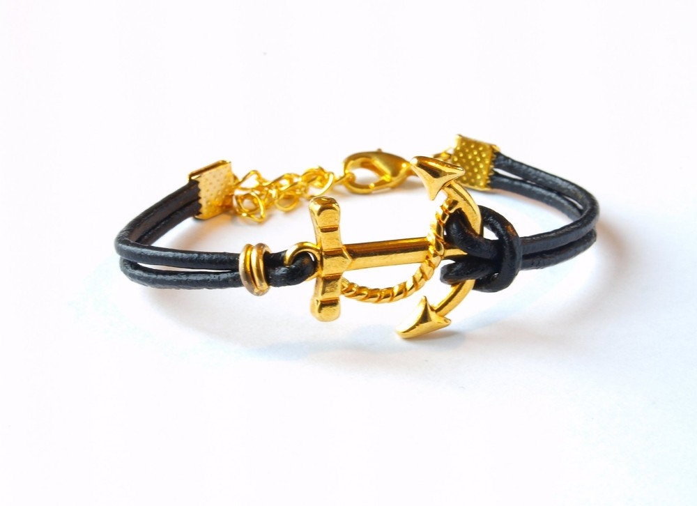 Armband Leder Anker schwarz golden