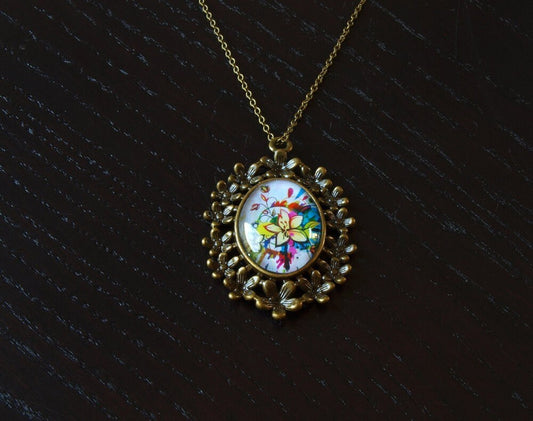 Kette bronze vintage Cabochon Blüten Blumen bunt