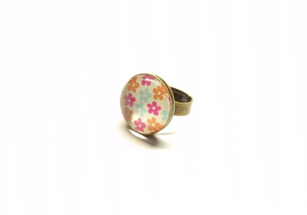 Ring Cabochon Glas Blumen bronze vintage Blüten #3