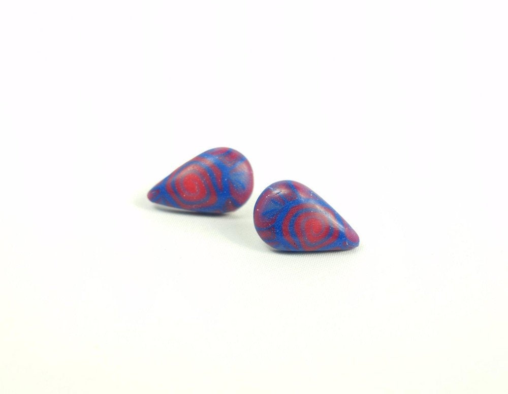 Ohrstecker Fimo Clay retro rot blau Tropfen oval