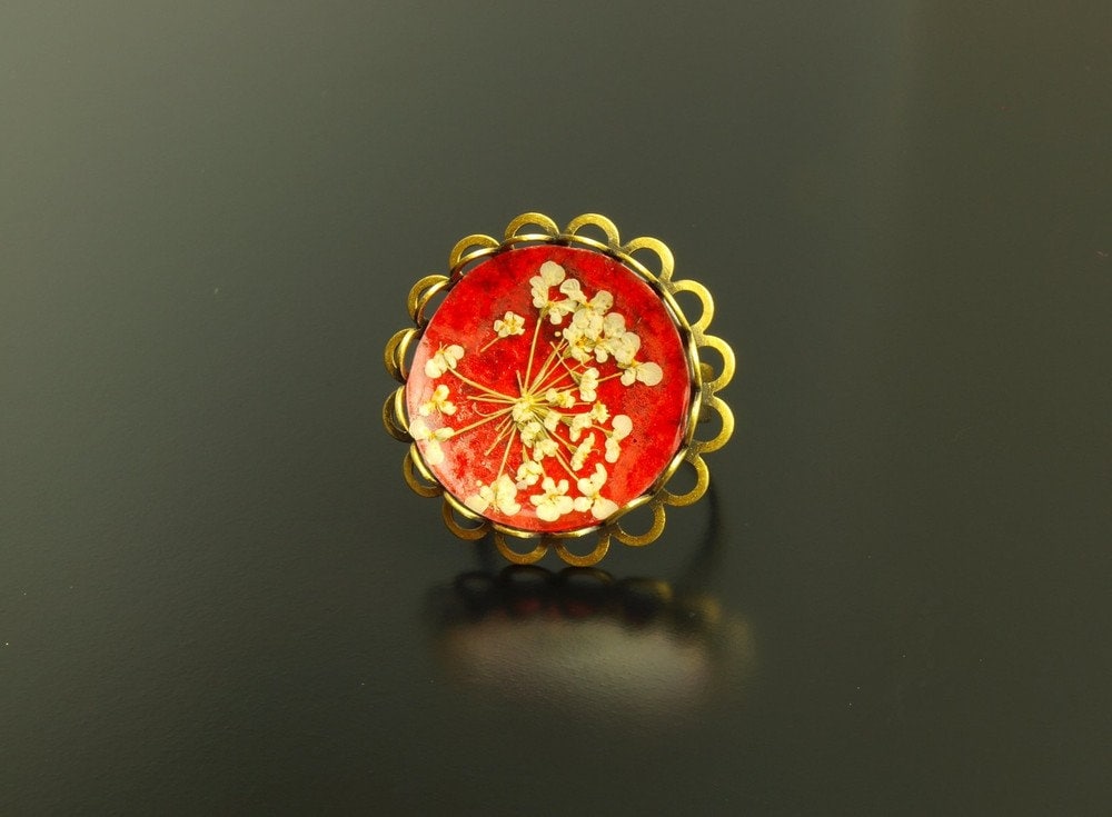 Ring Cabochon echte Blüten Resin Cabochon rot weiß