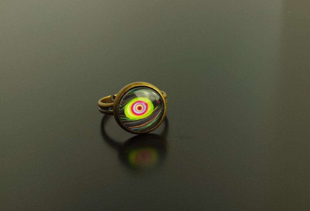 Ring Cabochon Glas Feder bronze vintage Pfau bunt