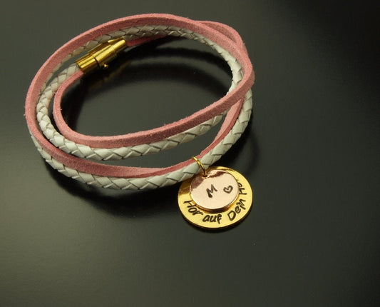Leder Armband Datum Name Gravur Stempeln golden Wickelarmband weiß rosa geflochten Lederband