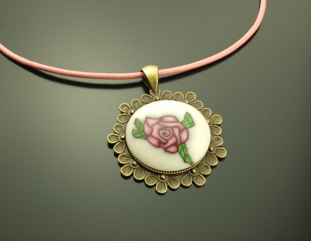 Surferkette Leder Rose rosa Fimo Clay Kette retro