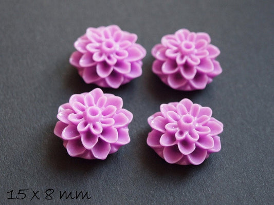 6 Stück Chrysanthemen Cabochons in lila, Ø 15 mm