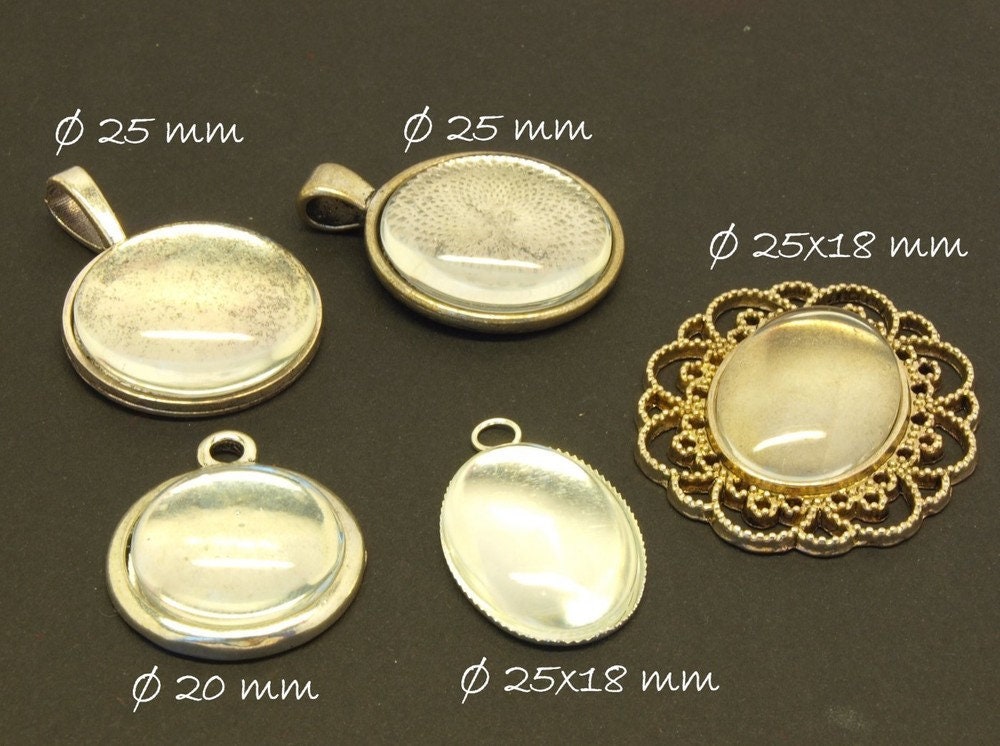 5 Stück Fassungen silber mit Cabochons Set Mix DIY