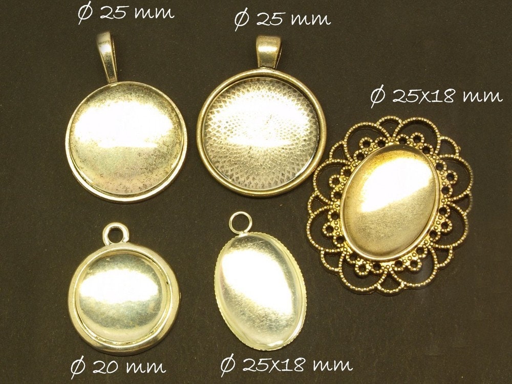 5 Stück Fassungen silber mit Cabochons Set Mix DIY