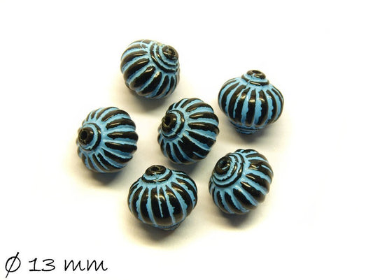 10 Stück Acryl Perlen rund antik, schwarz,  blau 13 mm