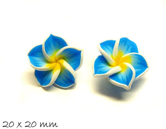 4 Stück Frangipani Blüten Fimo Clay blau 20 x 9 mm