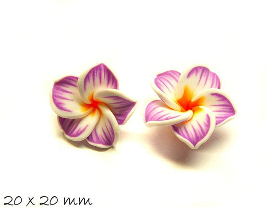 4 Stück Frangipani Blüten Fimo Clay lila 20 x 9 mm