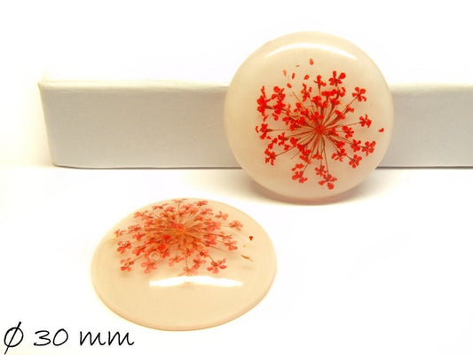 2 Stück Echte Blüten Resin Cabochons Ø 30 mm weiß rot