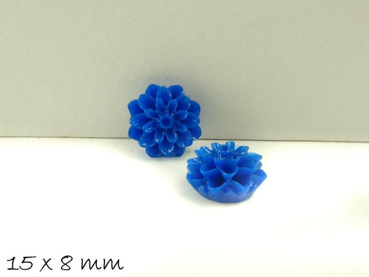 6 Stück Chrysanthemen Cabochons in blau, Ø 15 mm