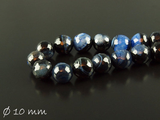 10 Stück facettierte Achatperlen 10 mm, blau, schwarz