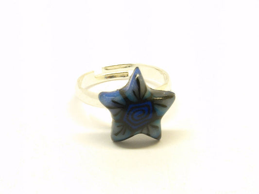 Ring Stern Fimo Polymer Clay blau Blume Blüte