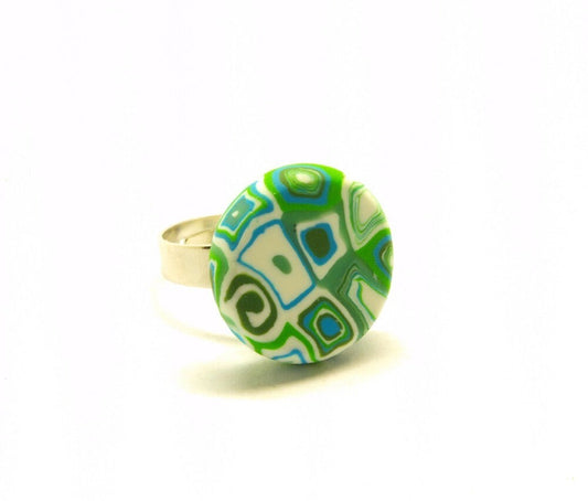 Ring Fimo Clay Cabochon rund retro grün Muster