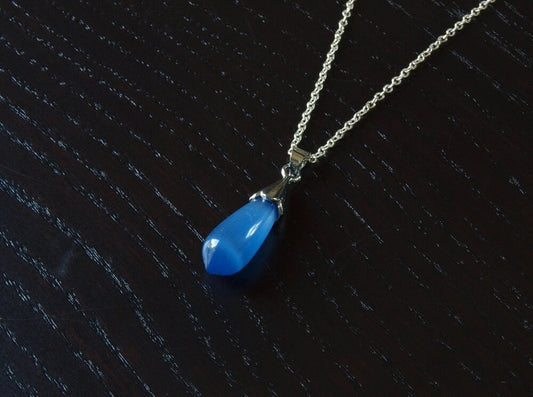 Kette silber Anhänger Cateye Glas Tropfen blau