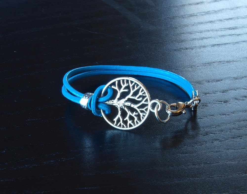 Leder Armband Baum silber blau Lebensbaum Armreif