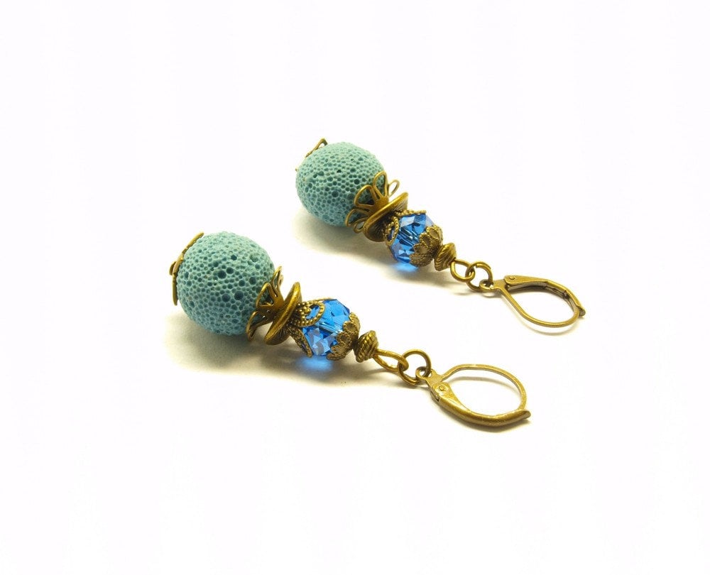 Ohrring Perle Lava Glas blau bronze vintage Creole