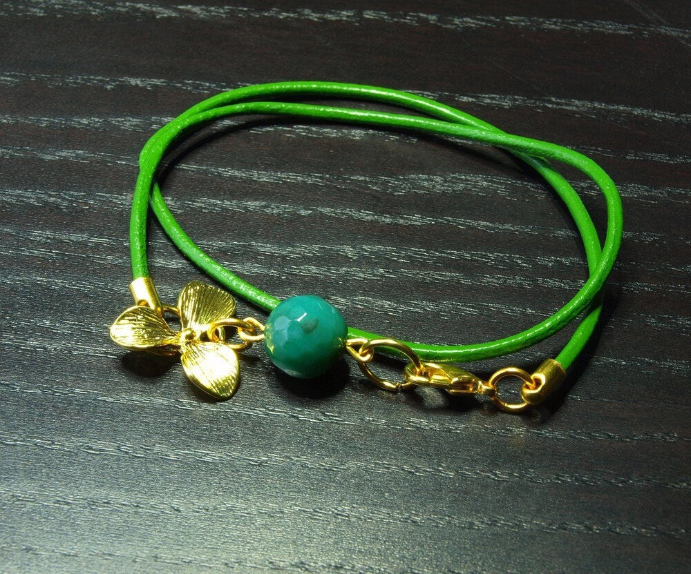 Leder Armband Wickelarmband gold Achat Blatt grün